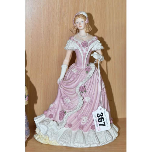 367 - A GROUP OF FIGURINES, comprising Wedgwood for Spink 'The Coronation Ball, 1838' no 7116/10000 (fan b... 