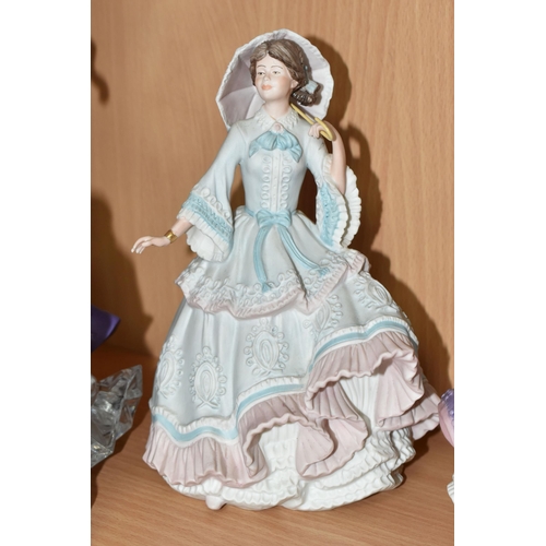 367 - A GROUP OF FIGURINES, comprising Wedgwood for Spink 'The Coronation Ball, 1838' no 7116/10000 (fan b... 