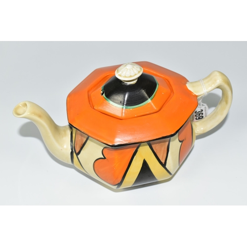 369 - A CLARICE CLIFF 'DOUBLE V' TEAPOT, of octagonal form, painted with black and yellow inverted V shape... 