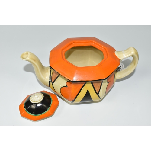 369 - A CLARICE CLIFF 'DOUBLE V' TEAPOT, of octagonal form, painted with black and yellow inverted V shape... 