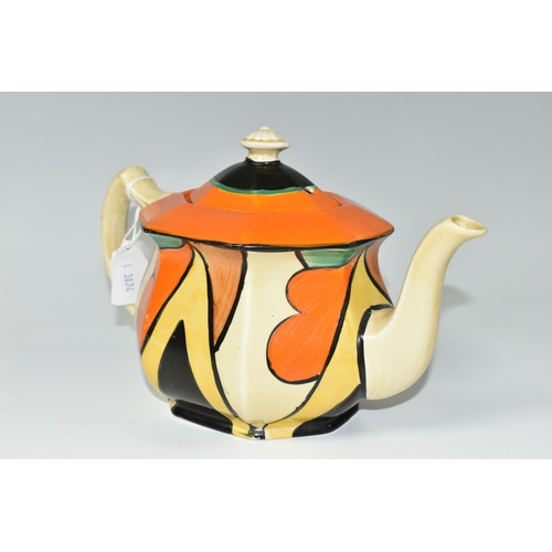 369 - A CLARICE CLIFF 'DOUBLE V' TEAPOT, of octagonal form, painted with black and yellow inverted V shape... 