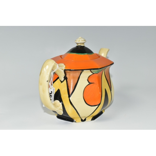 369 - A CLARICE CLIFF 'DOUBLE V' TEAPOT, of octagonal form, painted with black and yellow inverted V shape... 