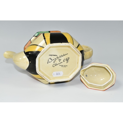 369 - A CLARICE CLIFF 'DOUBLE V' TEAPOT, of octagonal form, painted with black and yellow inverted V shape... 