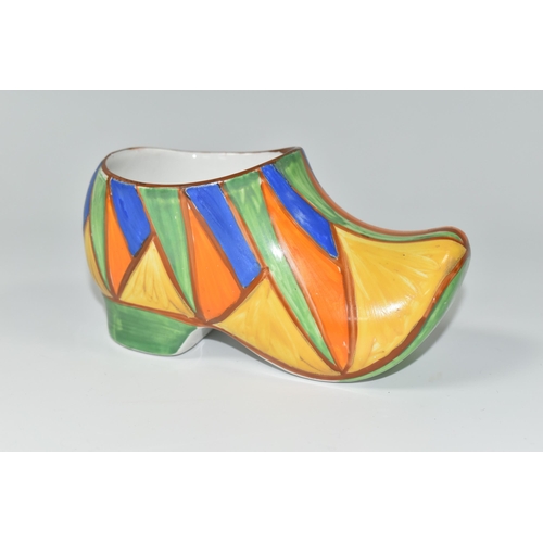 372 - A CLARICE CLIFF SABOT/CLOG, from her Bizarre range, painted with an abstract geometric design, with ... 