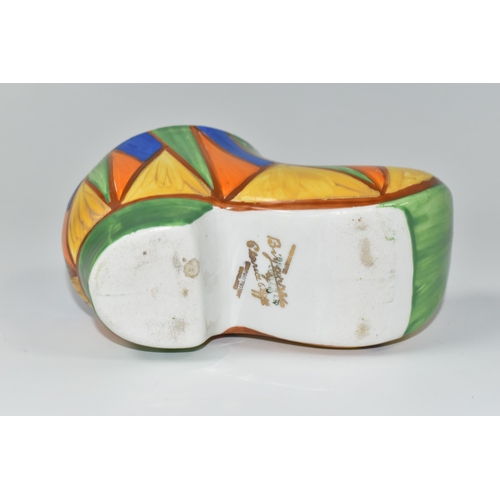 372 - A CLARICE CLIFF SABOT/CLOG, from her Bizarre range, painted with an abstract geometric design, with ... 