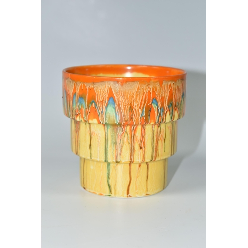 373 - A CLARICE CLIFF 'BIZARRE' STEPPED VASE, with dripped orange, blue, green and yellow glaze, bearing '... 