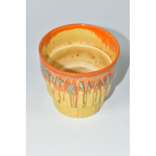 373 - A CLARICE CLIFF 'BIZARRE' STEPPED VASE, with dripped orange, blue, green and yellow glaze, bearing '... 