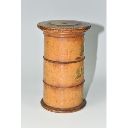 378 - A TREEN THREE COMPARTMENT SPICE TOWER, labelled Mace, Ginger and All - Spice, approximate height 14c... 