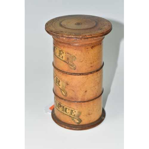 378 - A TREEN THREE COMPARTMENT SPICE TOWER, labelled Mace, Ginger and All - Spice, approximate height 14c... 