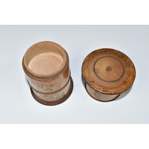 378 - A TREEN THREE COMPARTMENT SPICE TOWER, labelled Mace, Ginger and All - Spice, approximate height 14c... 