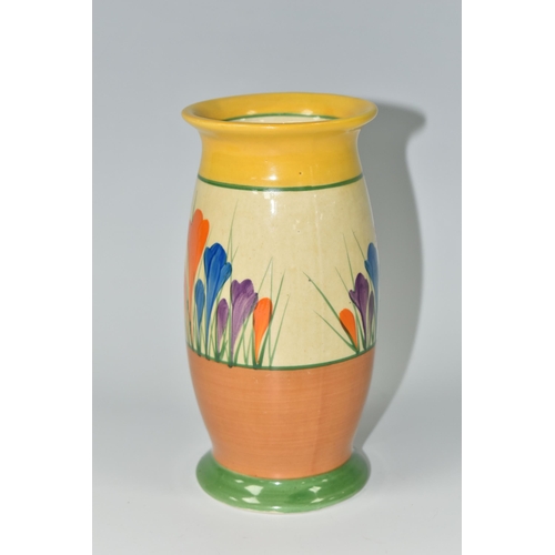 383 - A CLARICE CLIFF 'CROCUS' PATTERN VASE, the footed vase painted with orange, purple and blue crocuses... 