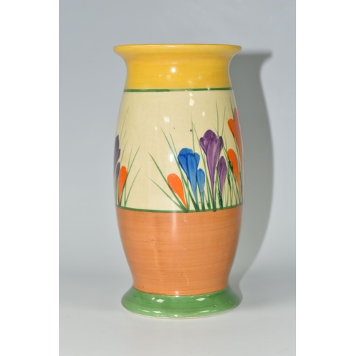 383 - A CLARICE CLIFF 'CROCUS' PATTERN VASE, the footed vase painted with orange, purple and blue crocuses... 