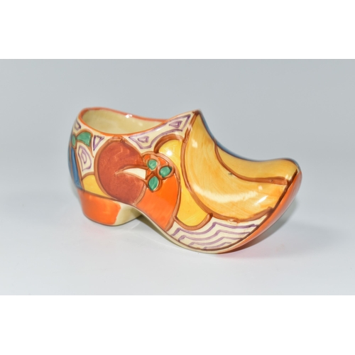 384 - A CLARICE CLIFF SMALL SABOT/CLOG, in Melon pattern, painted with stylised fruit, with 'hand painted,... 