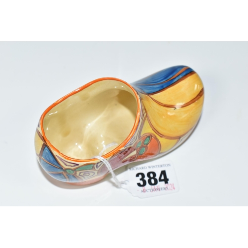 384 - A CLARICE CLIFF SMALL SABOT/CLOG, in Melon pattern, painted with stylised fruit, with 'hand painted,... 