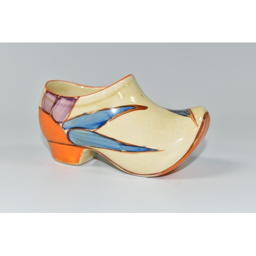 389 - A CLARICE CLIFF SMALL SABOT/CLOG, in Oranges pattern, painted with oranges and leaves, with 'Fantasq... 