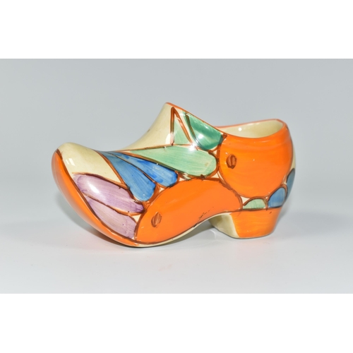 389 - A CLARICE CLIFF SMALL SABOT/CLOG, in Oranges pattern, painted with oranges and leaves, with 'Fantasq... 