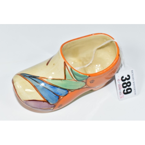 389 - A CLARICE CLIFF SMALL SABOT/CLOG, in Oranges pattern, painted with oranges and leaves, with 'Fantasq... 