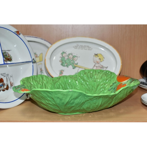 394 - THREE NURSERY PLATES AND A SALAD WARE BOWL, comprising two Shelley Mabel Lucie Atwell baby's plates ... 