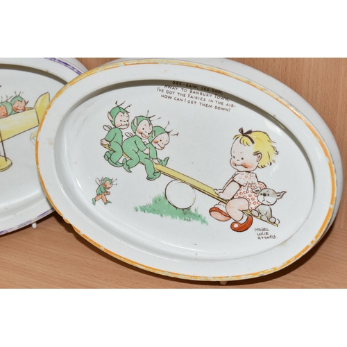 394 - THREE NURSERY PLATES AND A SALAD WARE BOWL, comprising two Shelley Mabel Lucie Atwell baby's plates ... 