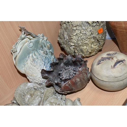 403 - A COLLECTION OF ELAINE HIND STUDIO POTTERY AND SIMILAR, comprising 'Moon' lidded pots, a 'Sun' brooc... 