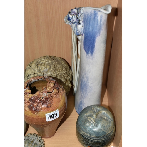 403 - A COLLECTION OF ELAINE HIND STUDIO POTTERY AND SIMILAR, comprising 'Moon' lidded pots, a 'Sun' brooc... 