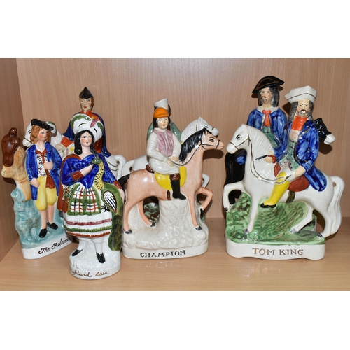 406 - A GROUP OF STAFFORDSHIRE FLATBACK FIGURES AND SIMILAR, comprising Dick Turpin, W.G. Grace (chipped c... 