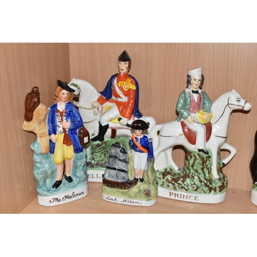 406 - A GROUP OF STAFFORDSHIRE FLATBACK FIGURES AND SIMILAR, comprising Dick Turpin, W.G. Grace (chipped c... 