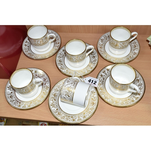 412 - A WEDGWOOD 'GOLD FLORENTINE' W4219 PATTERN SET OF SIX COFFEE CANS AND SAUCERS (12) (Condition Report... 