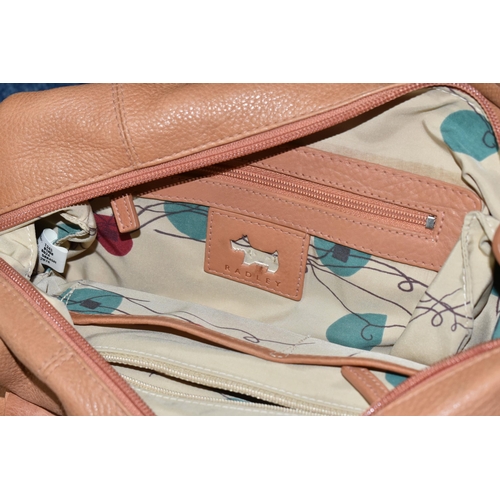 419 - TWO TAN COLOURED RADLEY HANDBAGS, approximate widths 26cm and 36cm, together with a brown shoulder b... 