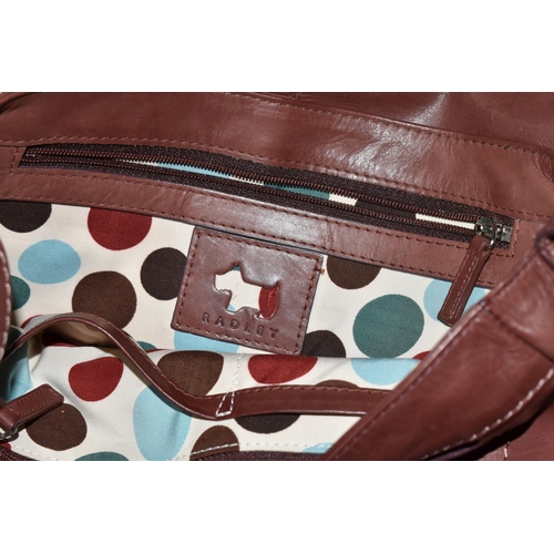 419 - TWO TAN COLOURED RADLEY HANDBAGS, approximate widths 26cm and 36cm, together with a brown shoulder b... 