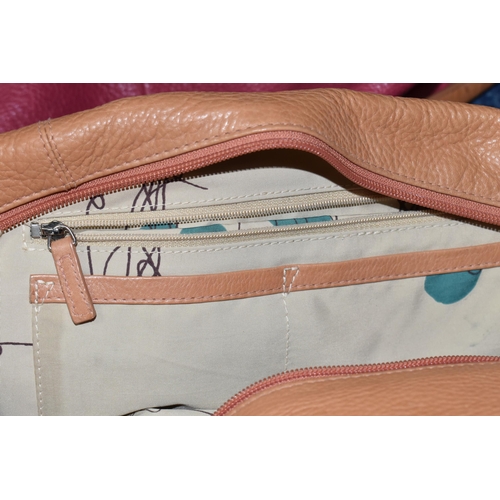 419 - TWO TAN COLOURED RADLEY HANDBAGS, approximate widths 26cm and 36cm, together with a brown shoulder b... 