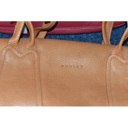 419 - TWO TAN COLOURED RADLEY HANDBAGS, approximate widths 26cm and 36cm, together with a brown shoulder b... 