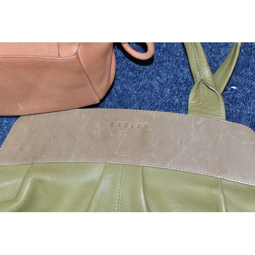 419 - TWO TAN COLOURED RADLEY HANDBAGS, approximate widths 26cm and 36cm, together with a brown shoulder b... 