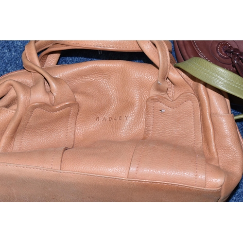 419 - TWO TAN COLOURED RADLEY HANDBAGS, approximate widths 26cm and 36cm, together with a brown shoulder b... 