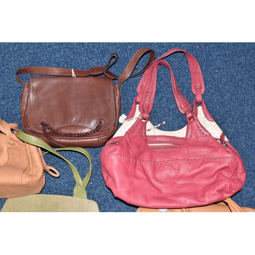 419 - TWO TAN COLOURED RADLEY HANDBAGS, approximate widths 26cm and 36cm, together with a brown shoulder b... 