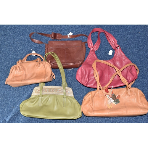 419 - TWO TAN COLOURED RADLEY HANDBAGS, approximate widths 26cm and 36cm, together with a brown shoulder b... 