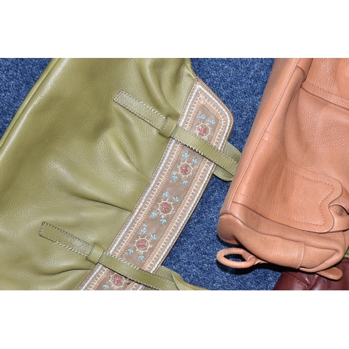 419 - TWO TAN COLOURED RADLEY HANDBAGS, approximate widths 26cm and 36cm, together with a brown shoulder b... 