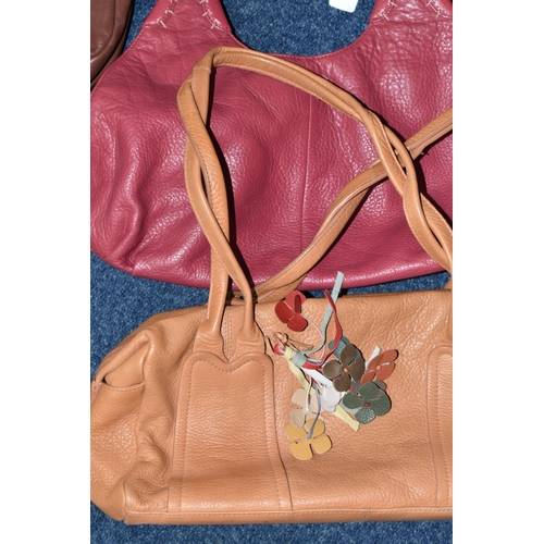 419 - TWO TAN COLOURED RADLEY HANDBAGS, approximate widths 26cm and 36cm, together with a brown shoulder b... 