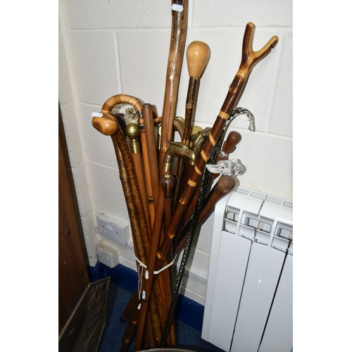 421 - ONE BOX OF METALWARE TOGETHER WITH  A COLLECTION OF WALKING STICKS AND CANES, comprising a spiral tw... 