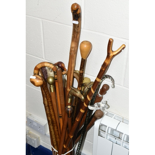 421 - ONE BOX OF METALWARE TOGETHER WITH  A COLLECTION OF WALKING STICKS AND CANES, comprising a spiral tw... 