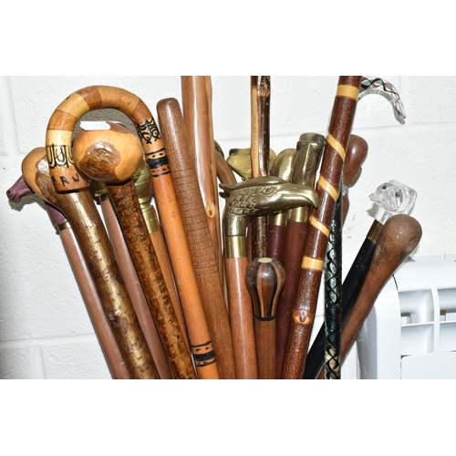 421 - ONE BOX OF METALWARE TOGETHER WITH  A COLLECTION OF WALKING STICKS AND CANES, comprising a spiral tw... 