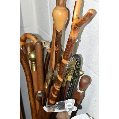 421 - ONE BOX OF METALWARE TOGETHER WITH  A COLLECTION OF WALKING STICKS AND CANES, comprising a spiral tw... 