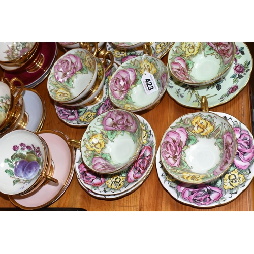 423 - A SET OF EIGHT TAYLOR & KENT FLORAL TEA CUPS AND NINE SAUCERS, pale green ground decorated with pink... 