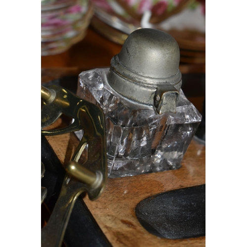 424 - A VICTORIAN MAHOGANY AND EBONISED DESK STAND, with two pen trays and two cuboid glass inkwells with ... 