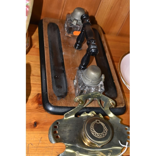 424 - A VICTORIAN MAHOGANY AND EBONISED DESK STAND, with two pen trays and two cuboid glass inkwells with ... 