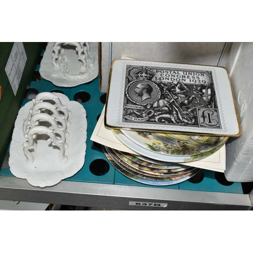 430 - ONE BOX OF CERAMICS AND COLLECTOR'S PLATES, to include a majolica trefoil, a domed top Wedgwood chee... 