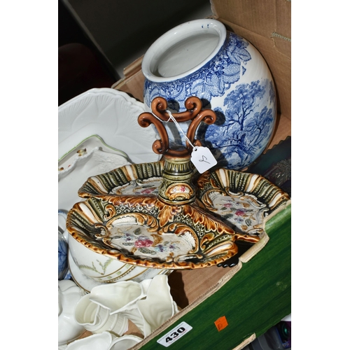 430 - ONE BOX OF CERAMICS AND COLLECTOR'S PLATES, to include a majolica trefoil, a domed top Wedgwood chee... 