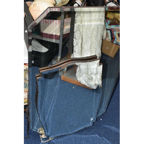 434 - ONE BOX OF SUNDRIES AND TWO LARGE 1930S WALL MIRRORS, to include a large bevelled edge mirror, size ... 