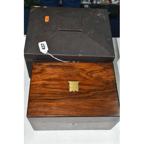 437 - THREE VICTORIAN WOODEN BOXES, comprising a writing box with brass escutcheon, a sewing box with an i... 