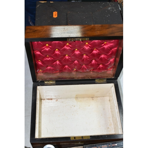 437 - THREE VICTORIAN WOODEN BOXES, comprising a writing box with brass escutcheon, a sewing box with an i... 